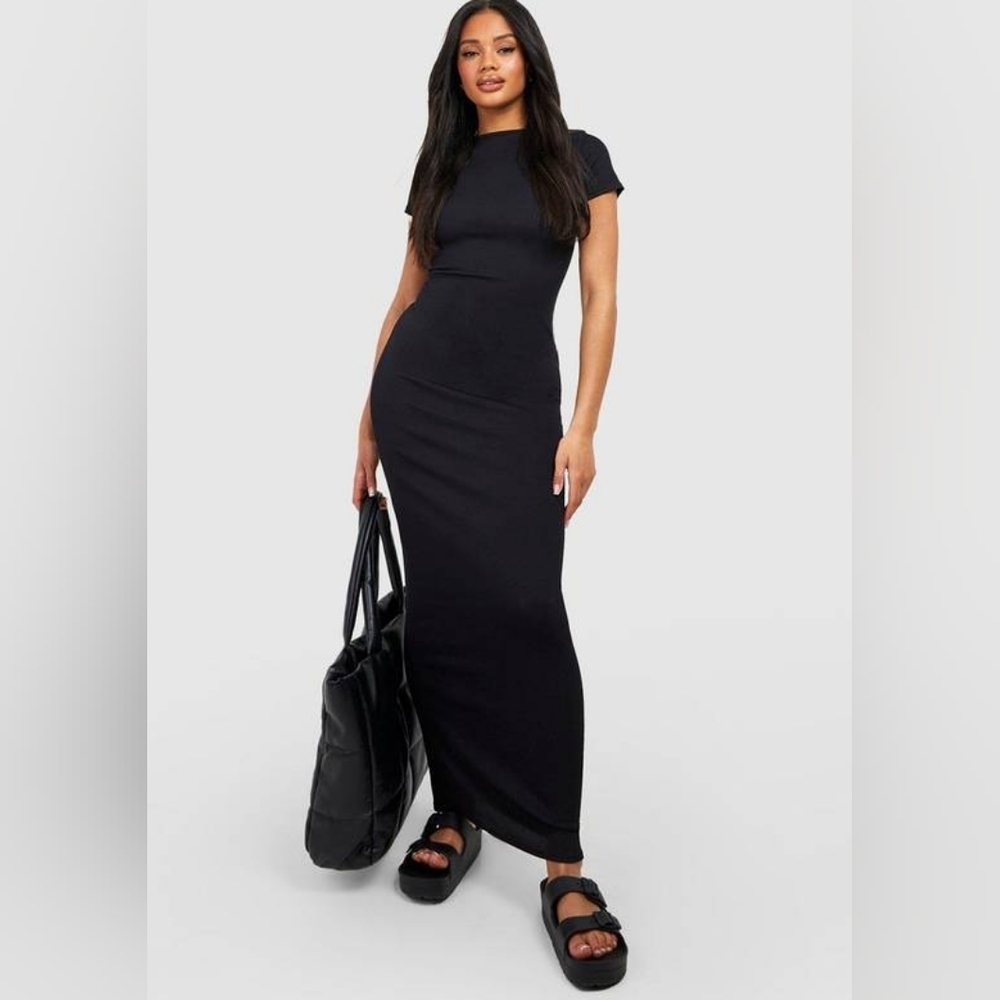 Women's Black Short-Sleeve Long Dress